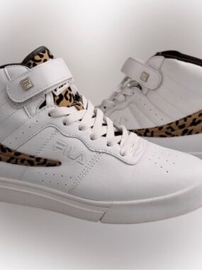 Fila Women’s White High-Top Sneakers with Leopard Accent